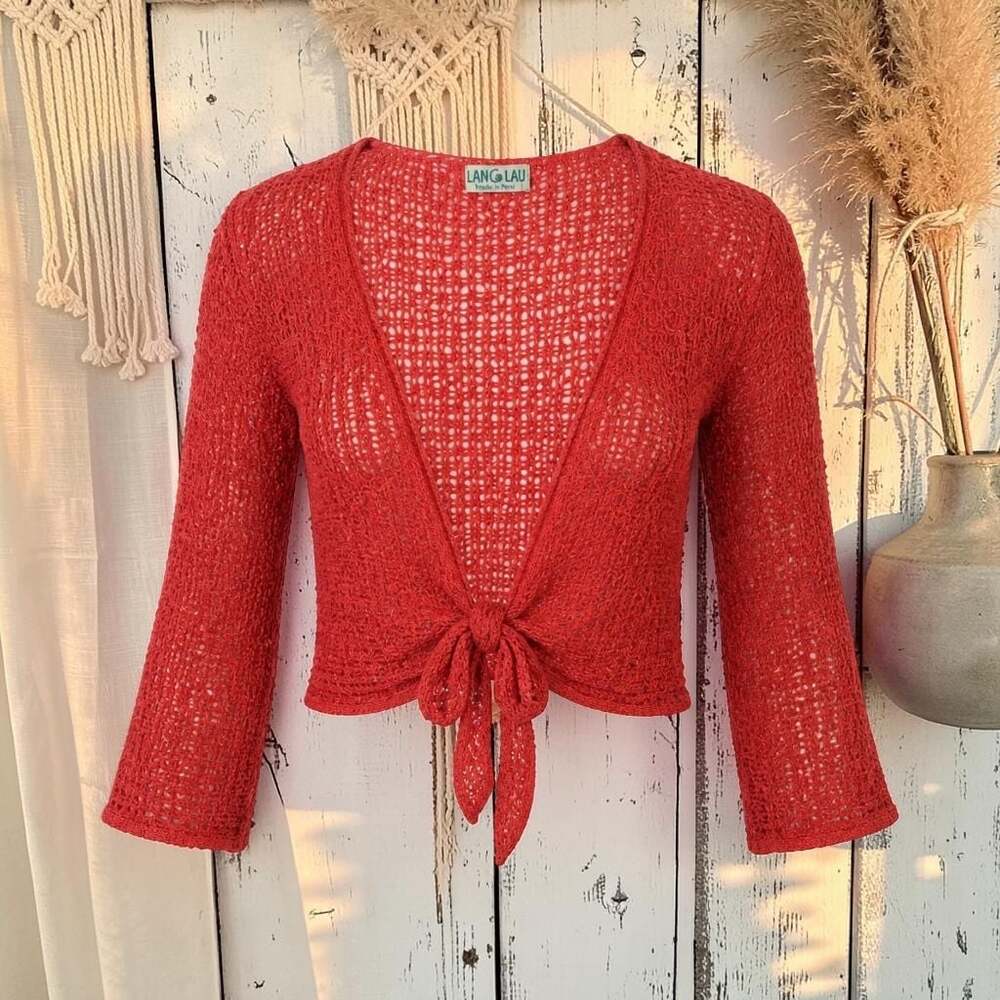 Lani Lau Honolulu Hawaii Coral Tie-Front Crochet Shrug one size